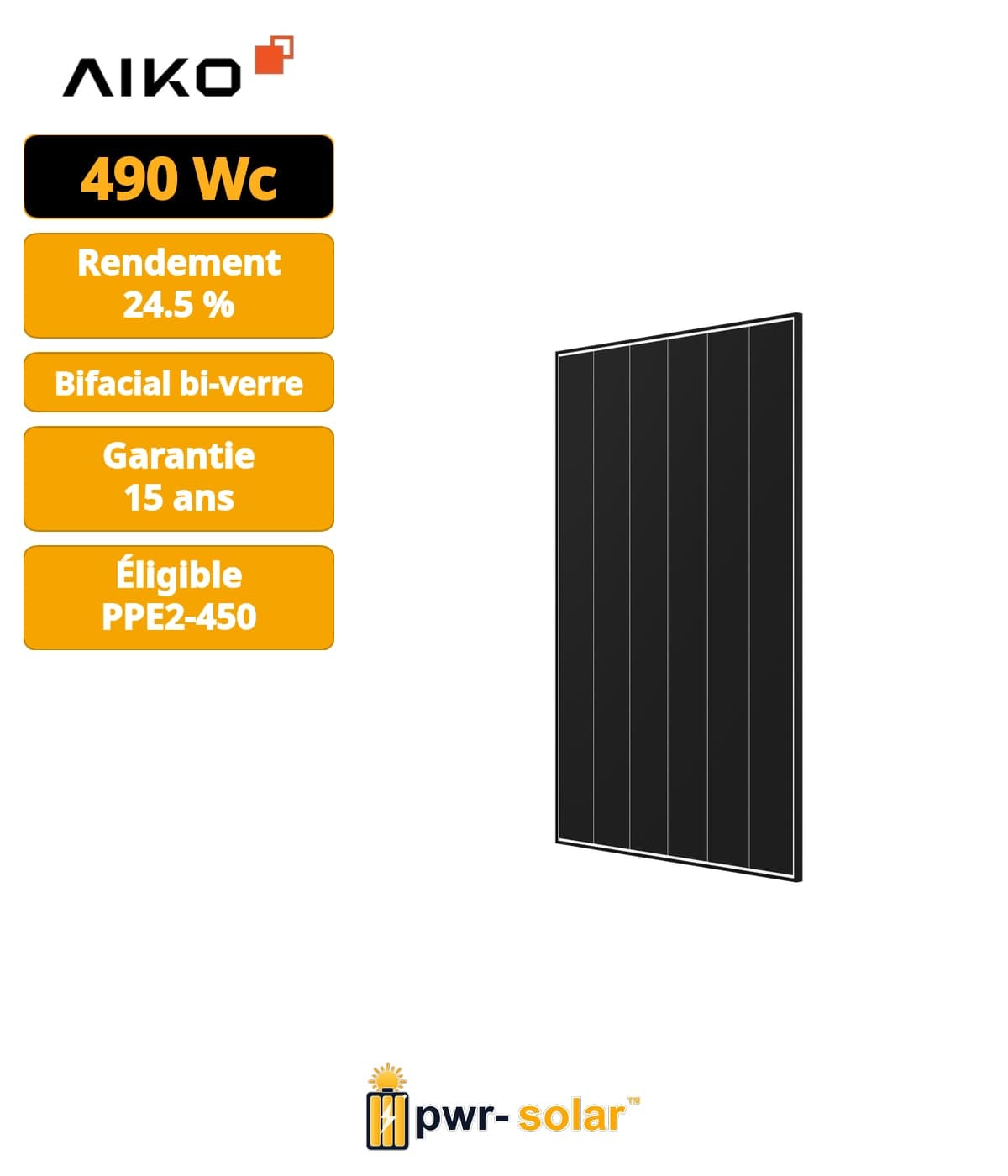 Module Back-Contact 490W Bi-verre Bilan carbone PPE2 Cadre noir Fond blanc