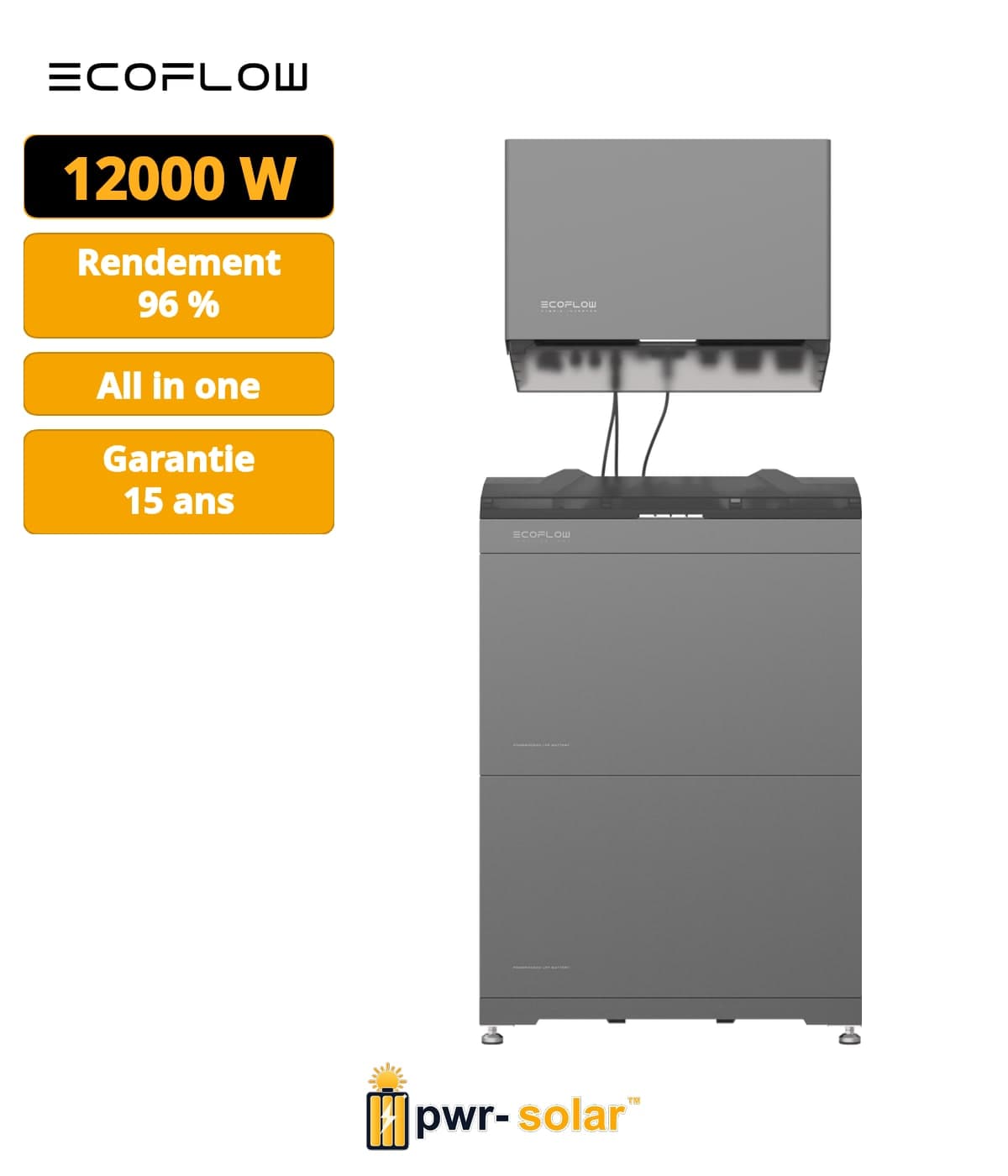 ECOFLOW - 8kW / 10kWH triphasé - Système tout-en-un avec onduleur hybride de 8kW, 2 x batteries de 5kWh et support.