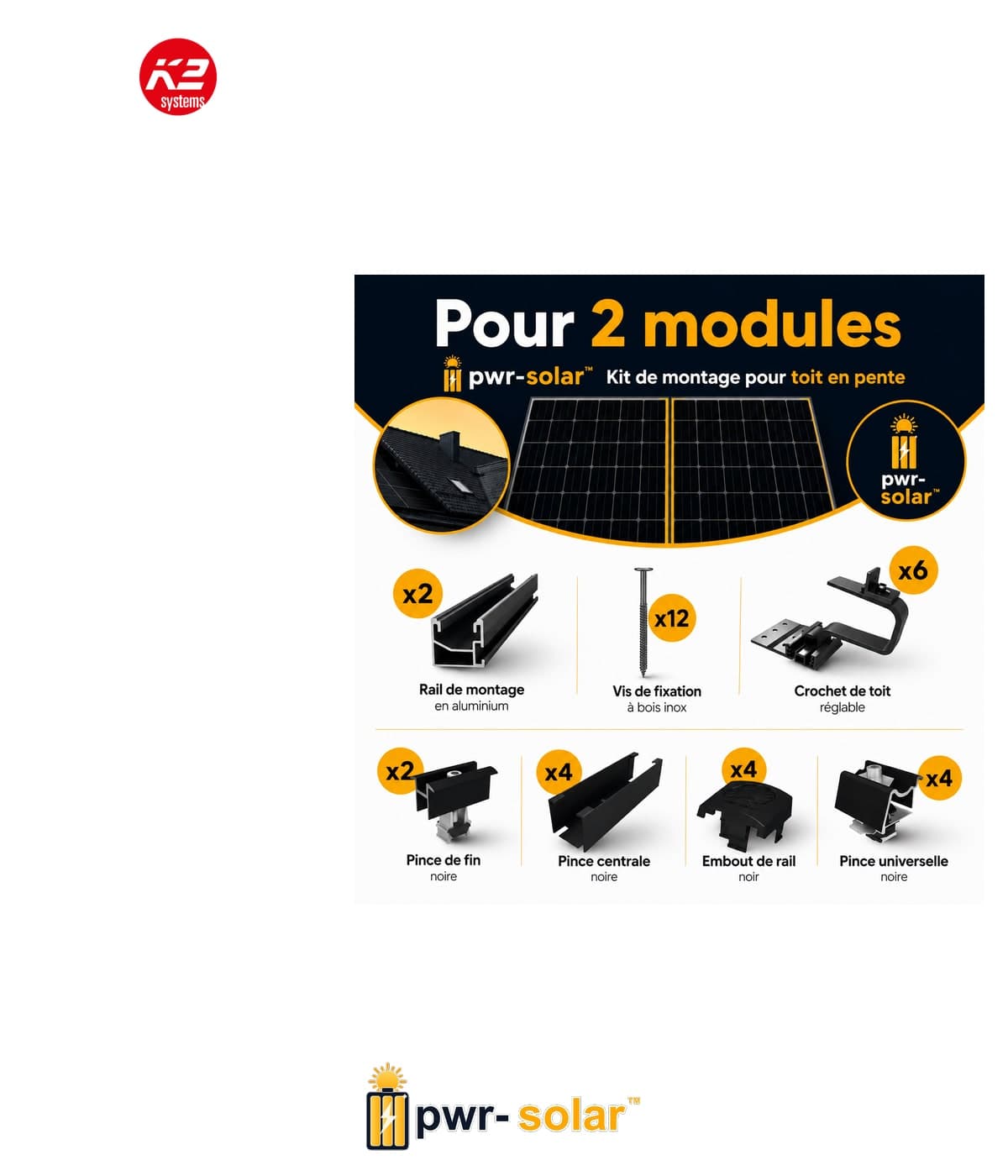 Kit de montage pour 2 panneaux solaires – Toiture inclinée | pwr-solar™