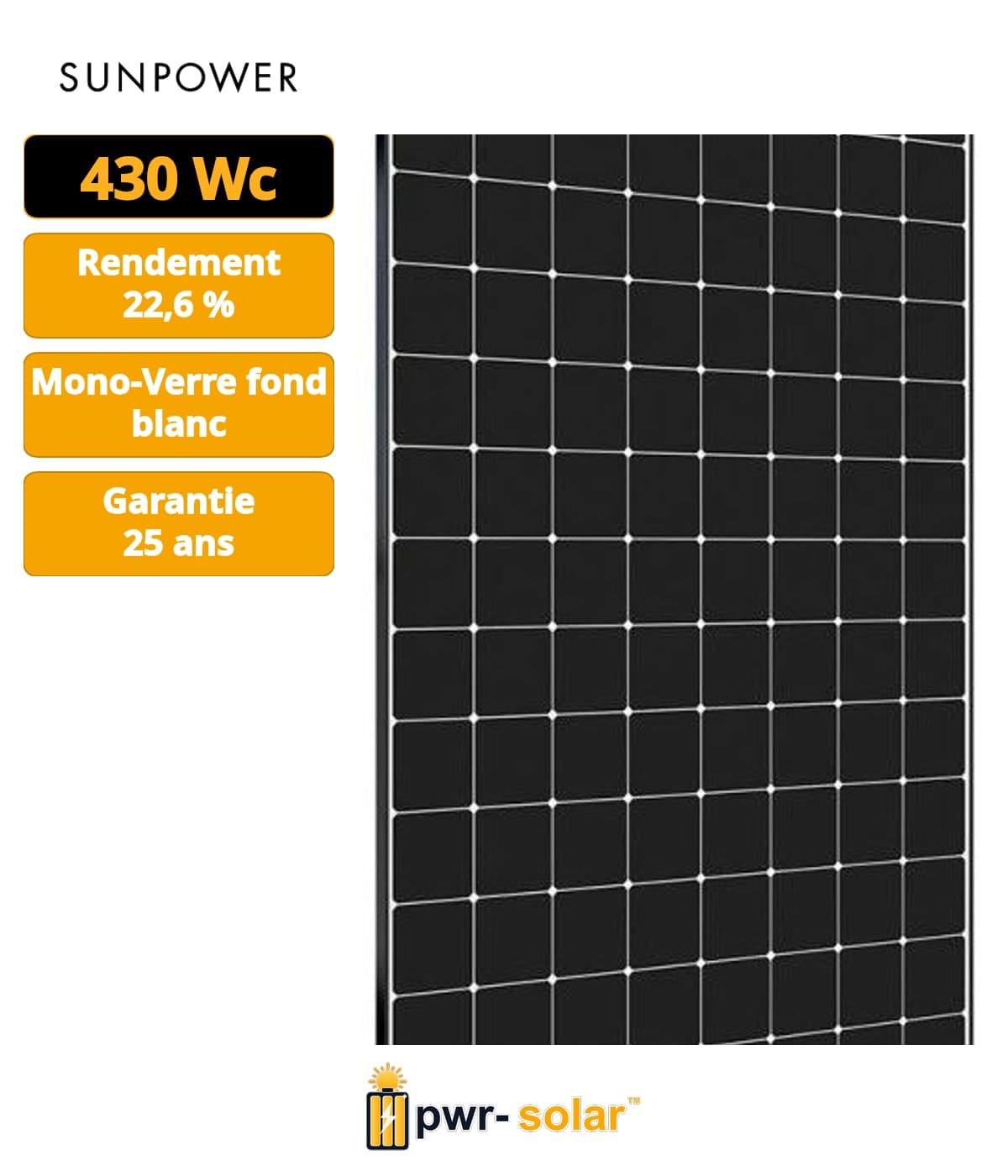 SUNPOWER - Module MAX3 400Wc - Cadre noir - Fond blanc - Dimensions 1690 x 1046 x 40 mm