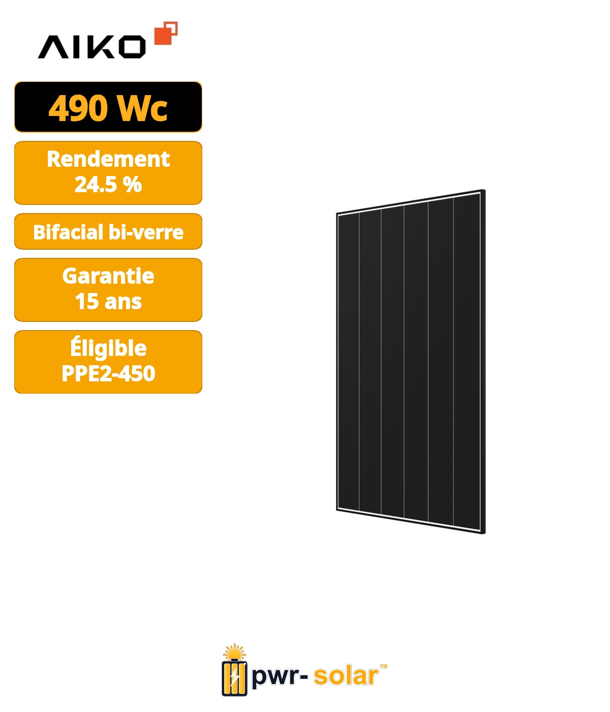 Module Back-Contact 490W Bi-verre Bilan carbone PPE2 Cadre noir Fond blanc