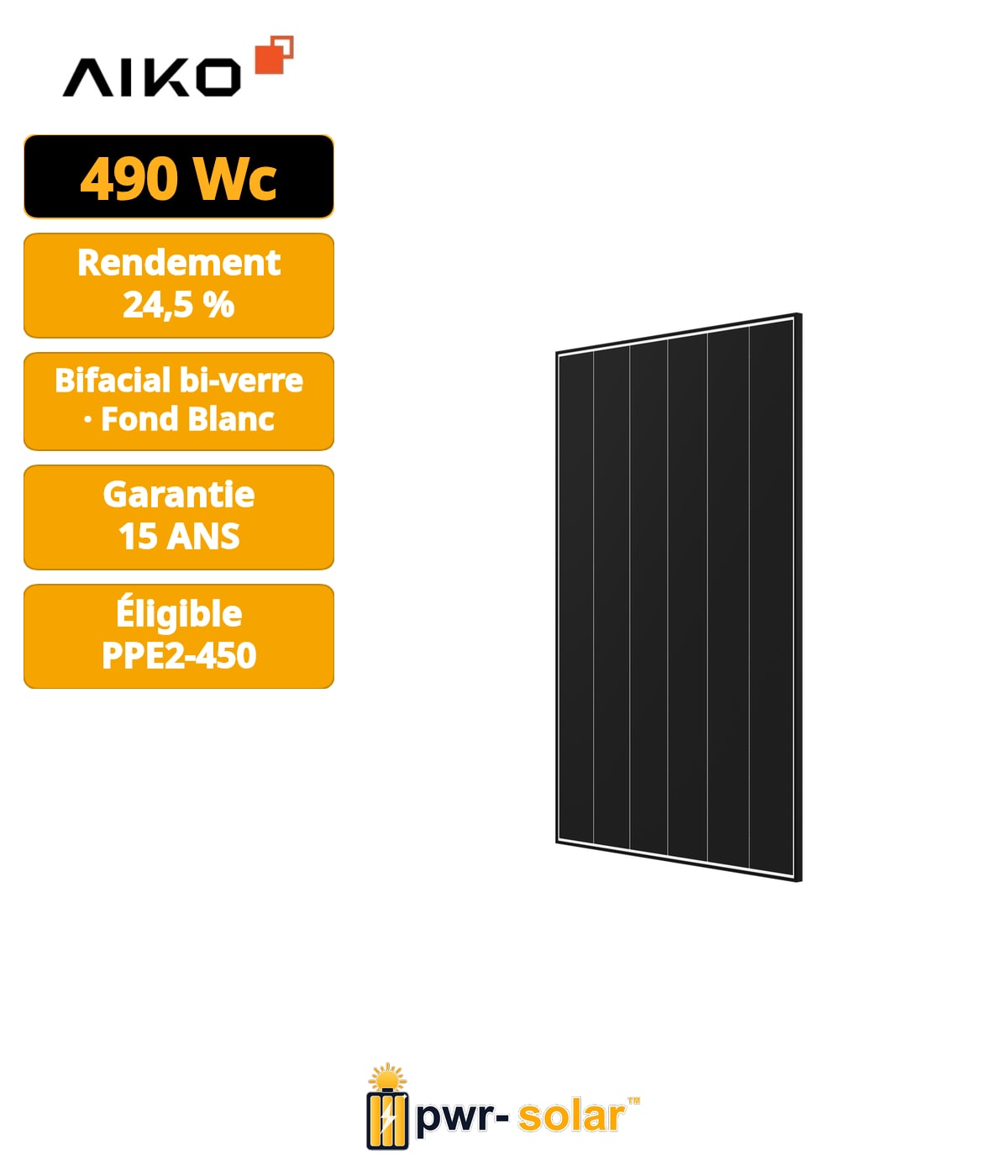 AIKO - Module Back-Contact 490W Bi-verre - Bilan carbone PPE2 - Cadre noir - Fond blanc