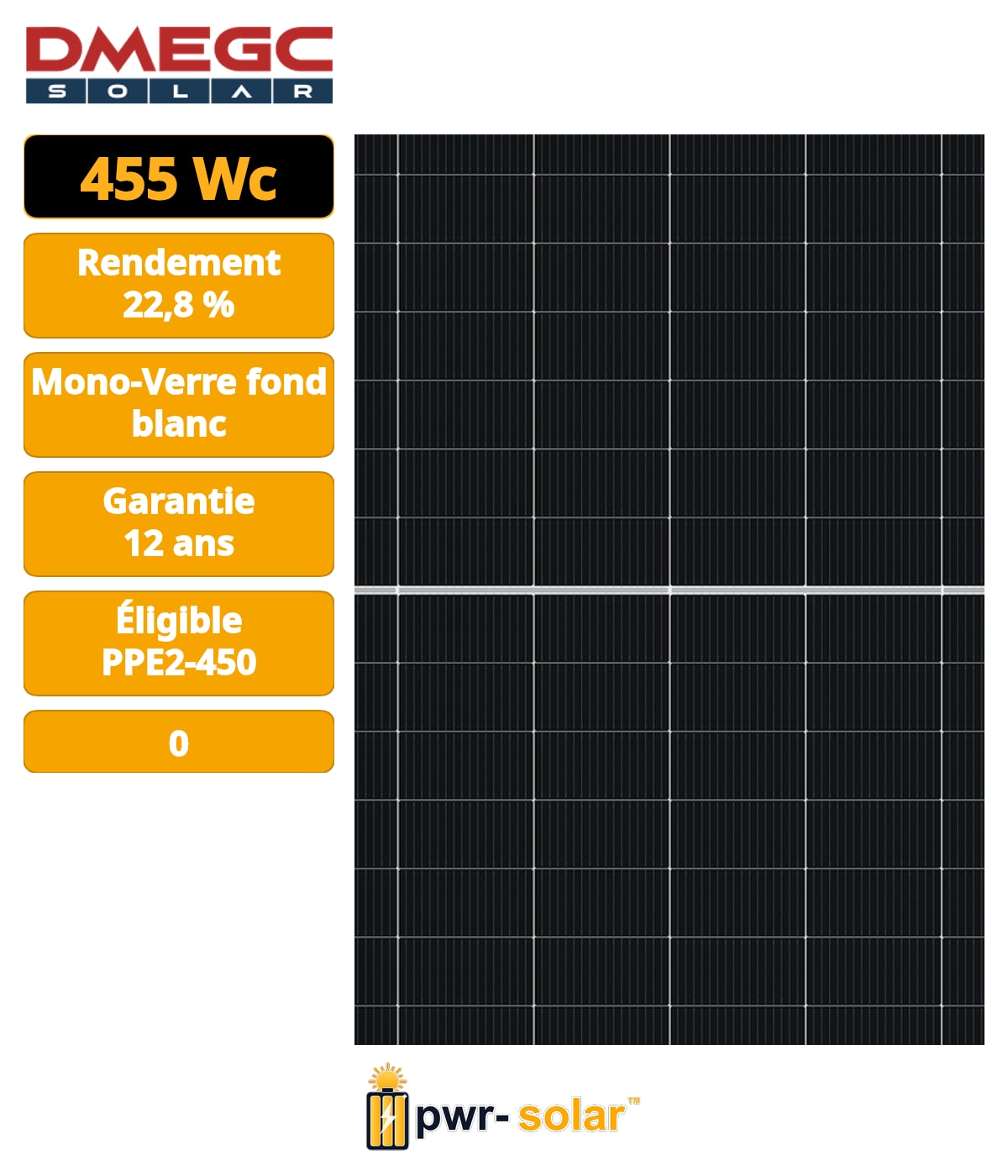 DMEGC - Module Léger 455Wc - N-TYPE - PPE2 - Mono-verre - Cadre noir Fond blanc - 108 cellules - 1762 x 1134 x 30 mm - Connecteur MC4 Evo 2 1500V