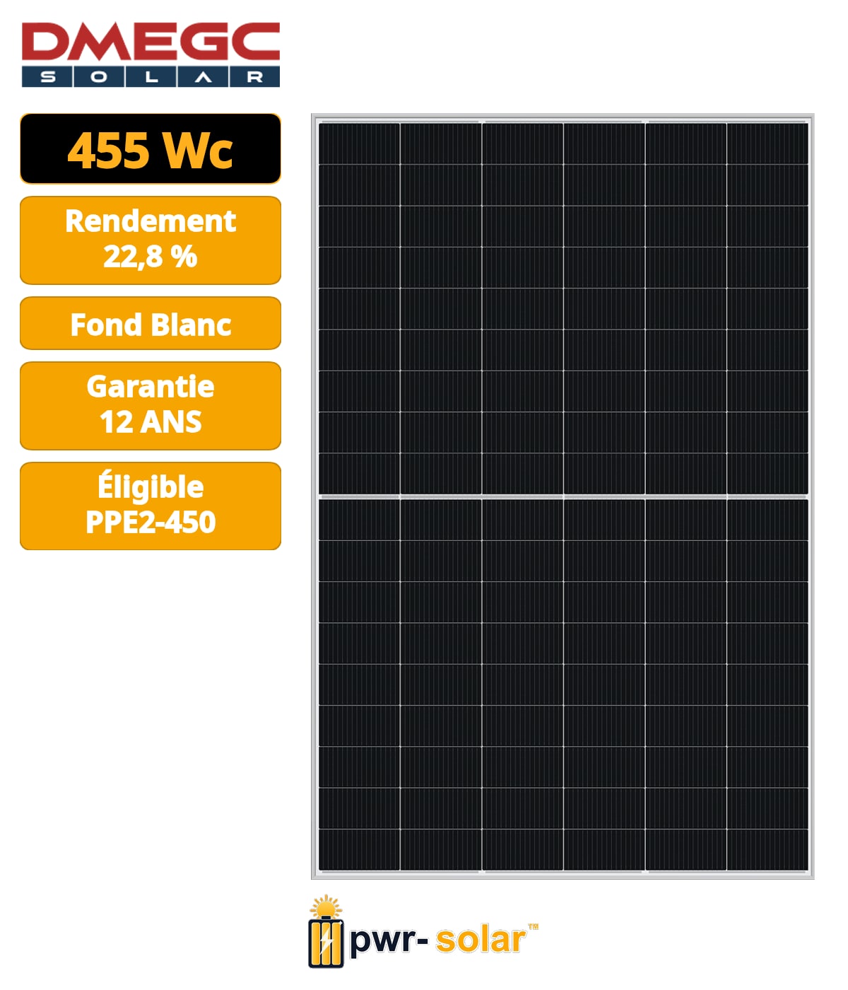 DMEGC - Module Léger 455Wc - N-TYPE - PPE2 - Mono-verre - Cadre noir Fond blanc - 108 cellules - 1762 x 1134 x 30 mm - Connecteur MC4 Evo 2 1500V