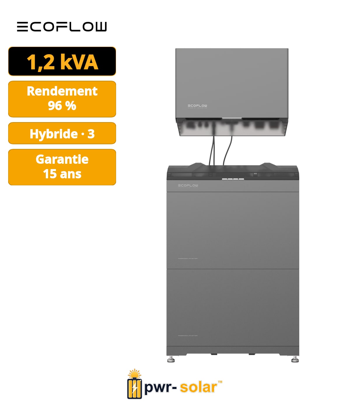 ECOFLOW - 12kW / 10kWH triphasé - Système tout-en-un avec onduleur hybride de 12kW, 2 x batterie de 5kWh et support.