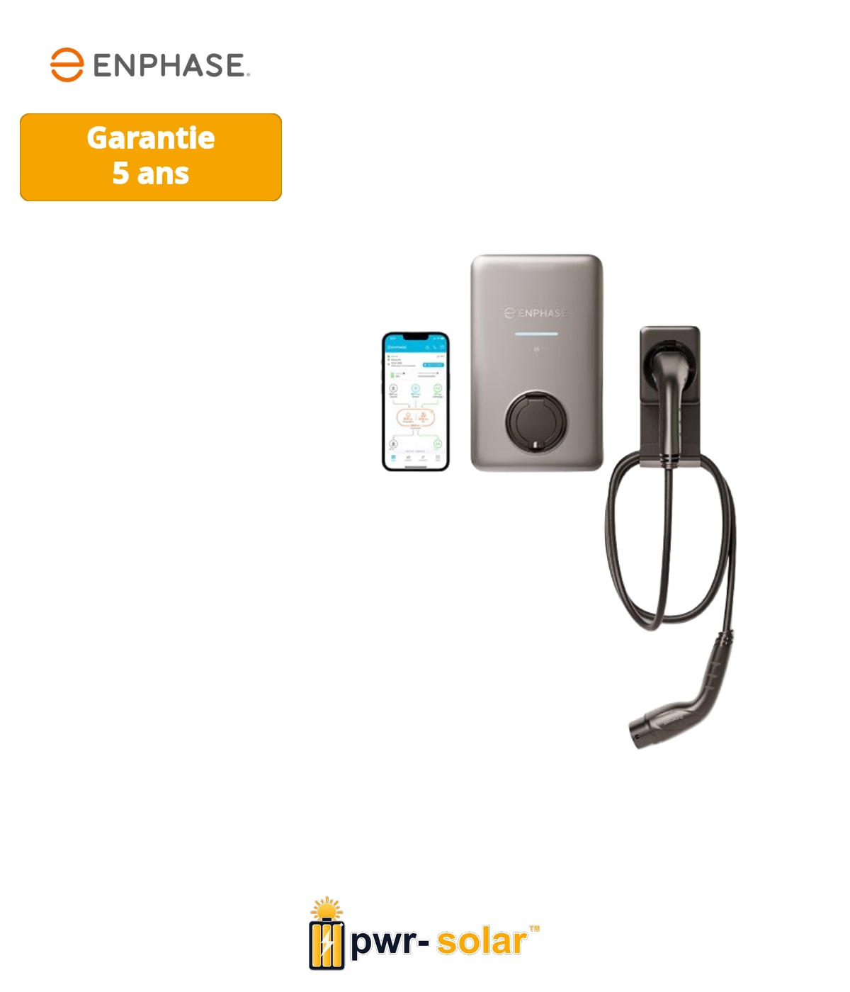 Enphase IQ EV Charger 2 - 22 kW / 7,4 kW, prise Type 2 avec obturateur, monophasé & triphasé