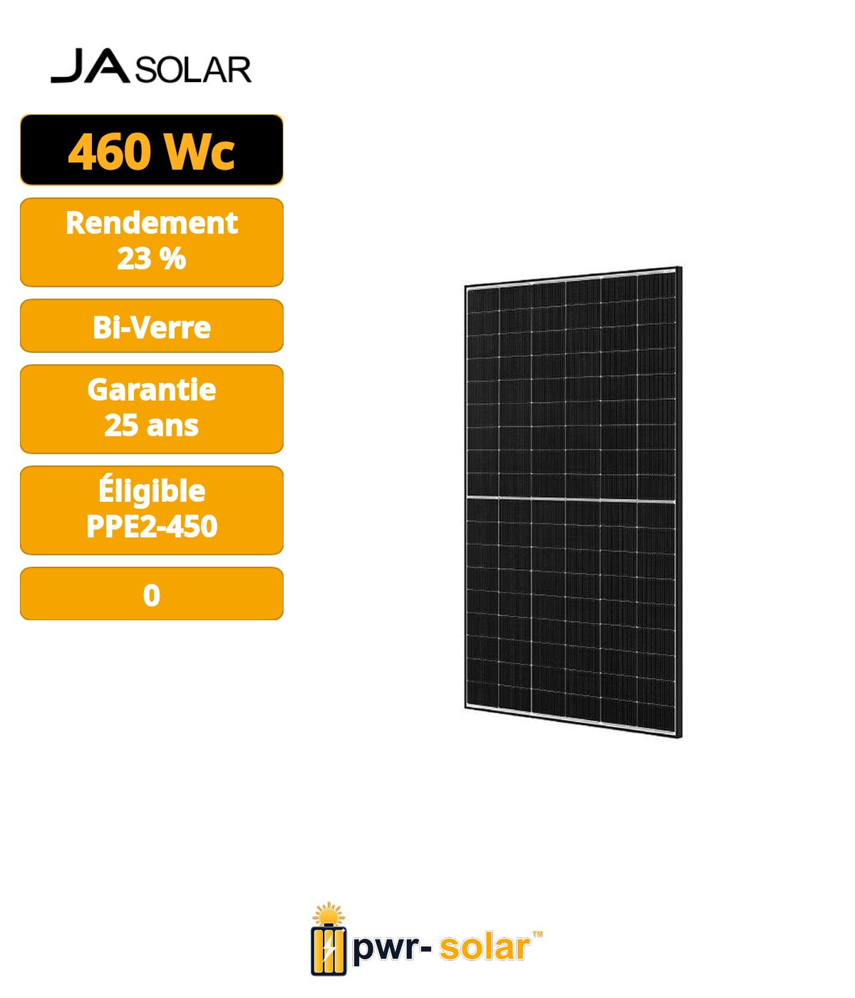 JA SOLAR - Module 460w N-TYPE - Bi verre Bifacial - Cadre noir Fond blanc - Bilan carbone PPE2 V1 500kg CO2eq/kWc