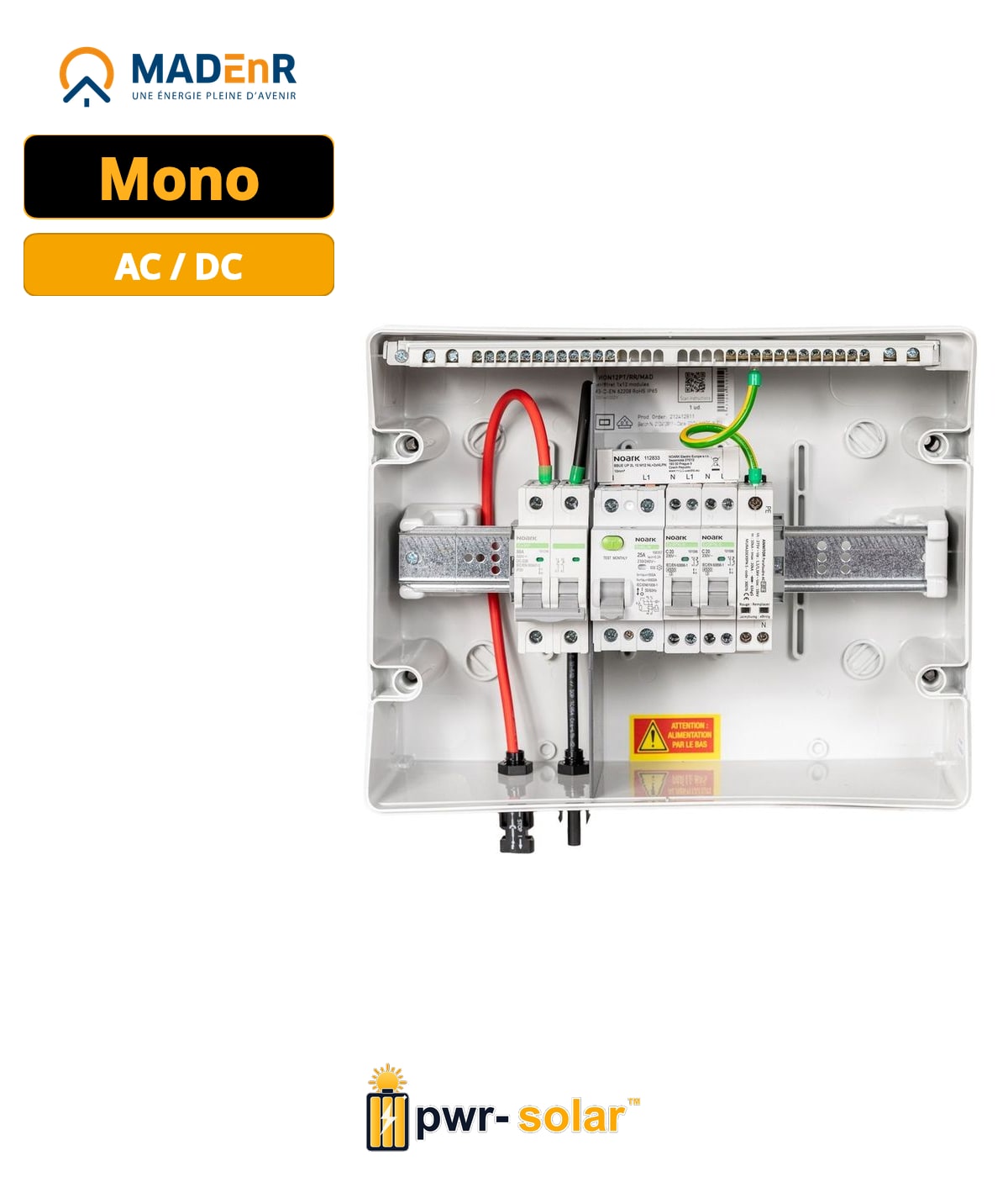 MADEnR - Coffret de protection AC/DC monophasé, 0-3kWc - Parafoudre AC - 1 string - 1 MPPT - 25A coté DC et 20A coté AC - 300mA - TYPE B