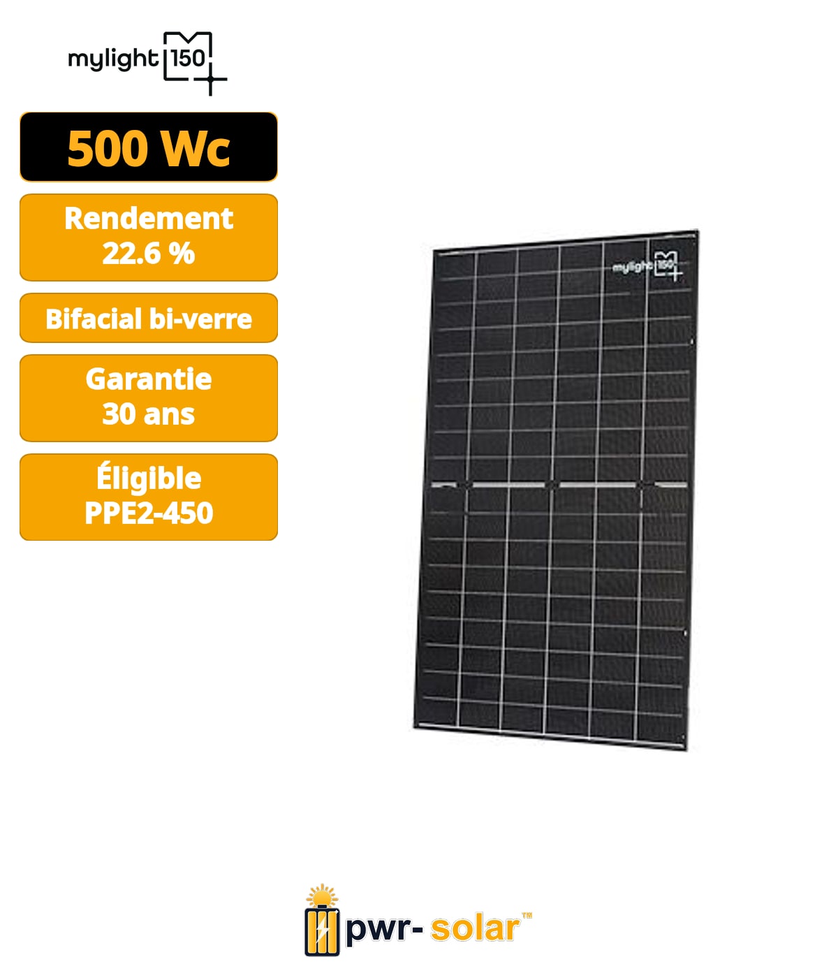 Module mylight150 - Quartz 500Wc PPE2 G1 - 1950 x 1134 x 30 - 120 cellules Type-N - Connecteur MC4-EVO2 - Garantie 30 ans produit et performance