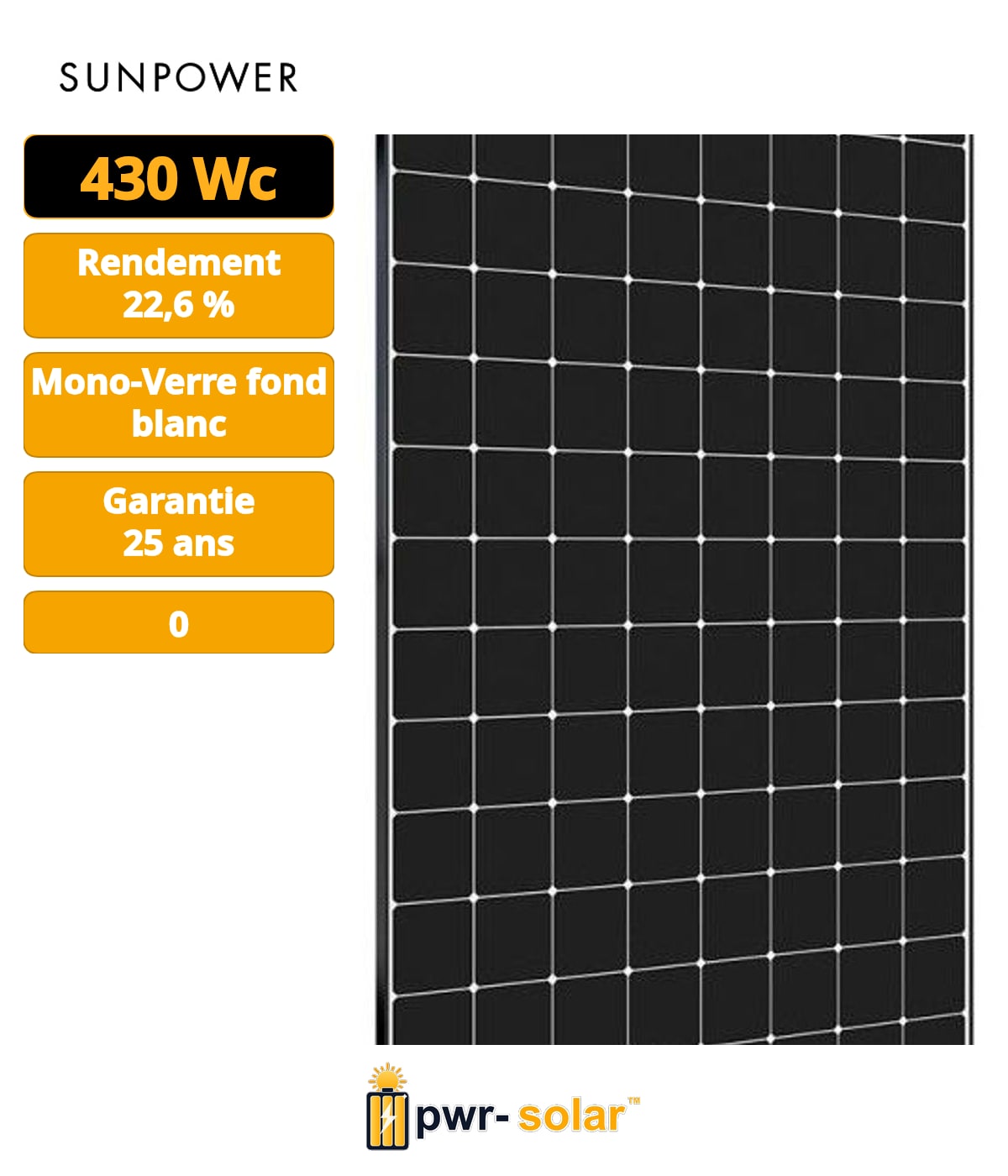 SUNPOWER - Module MAX3 400Wc - Cadre noir - Fond blanc - Dimensions 1690 x 1046 x 40 mm