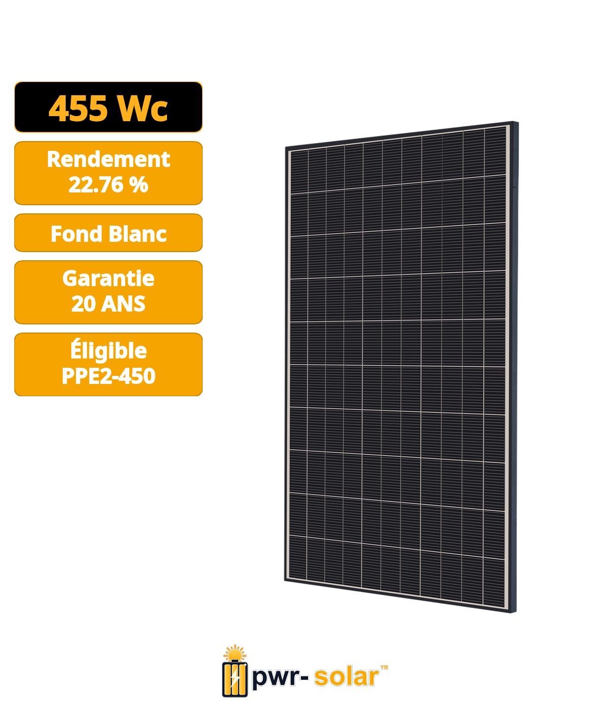 VOLTEC - Module TARKA 110 VSMP 455W Onyx avec bilan carbone PPE2 V1 500kg CO2eq/kWc - Cadre noir - Fond blanc - Connecteurs MC4 - Dimensions 1868 x 1070 x 35mm.