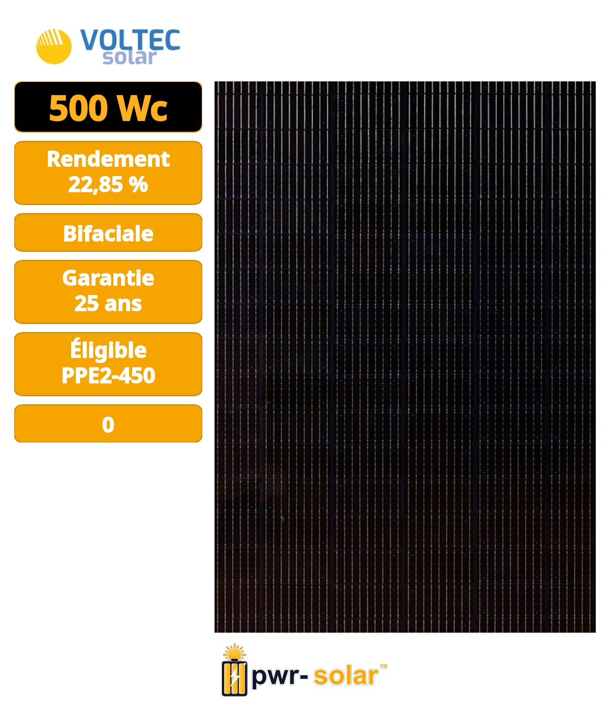 VOLTEC - Module TARKA+ 120 VSMP 500W BASALTE - Eligible TVA 5,5% - Bilan carbone PPE2 V2 <530 kg CO2eq/kWc